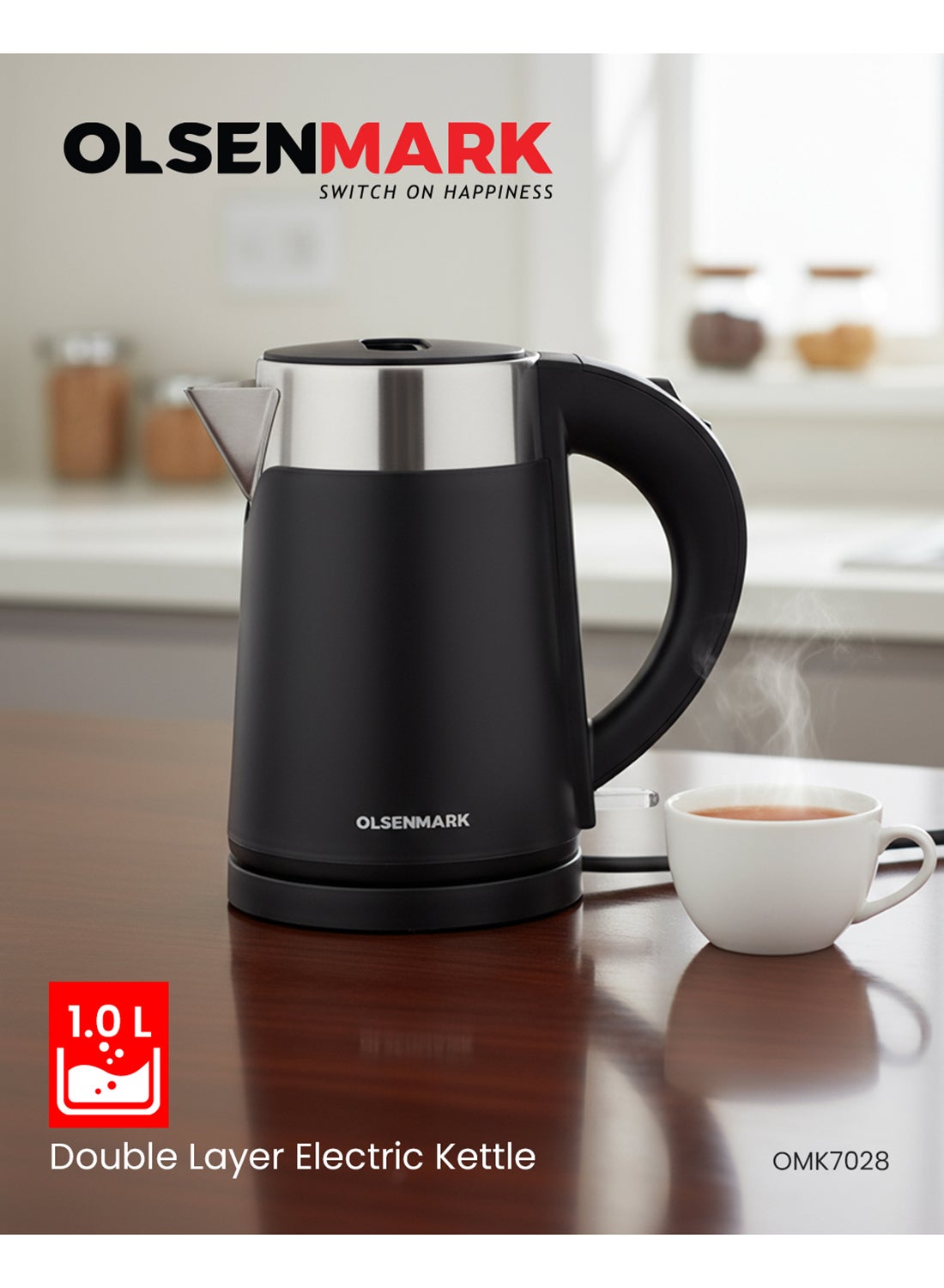 Olsenmark 1.0L Double Layer Electric Kettle OMK7028 | 800W Fast Boiling with 360° Rotating Base | Auto Shut-Off, Overheat & Dry Boil Protection | Perfect for Tea, Milk & Water | 2 Years Warranty | Black 1 L 800 W OMK7028 BLACK