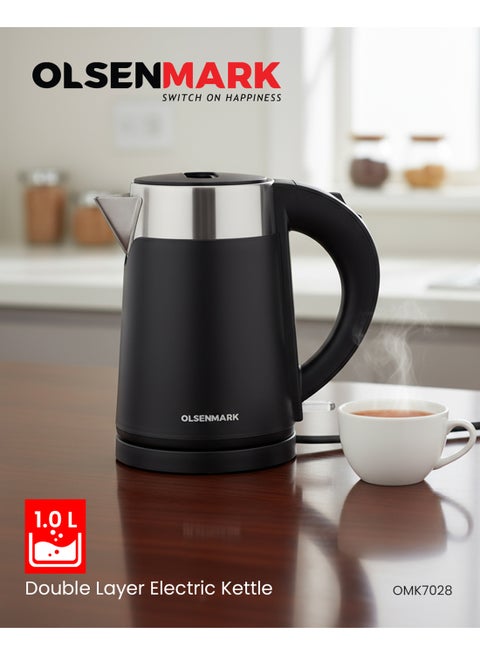 Olsenmark 1.0L Double Layer Electric Kettle OMK7028 | 800W Fast Boiling with 360° Rotating Base | Auto Shut-Off, Overheat & Dry Boil Protection | Perfect for Tea, Milk & Water | 2 Years Warranty | Black 1 L 800 W OMK7028 BLACK