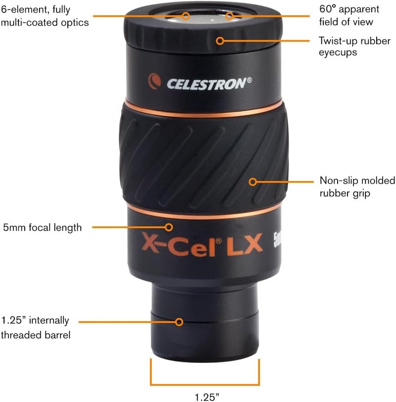 سلسترون عدسة مجهر Celestron X-Cel LX Series، قطر 1.25 بوصة، 5 مم، رقم المنتج: 93421، لون أسود - Image 1