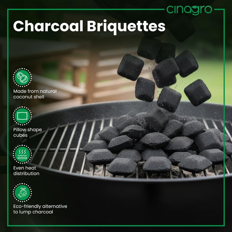 Cinagro Charcoal Briquettes, 1Kg Pack, All-Natural Coconut Shell, Long-Lasting Fire Starter Cubes, Smoky Heat for Barbecue, Grill, Smoker, Cooking, Even-Burning Pillow Shape, Low Smoke, No Sparks - Image 2