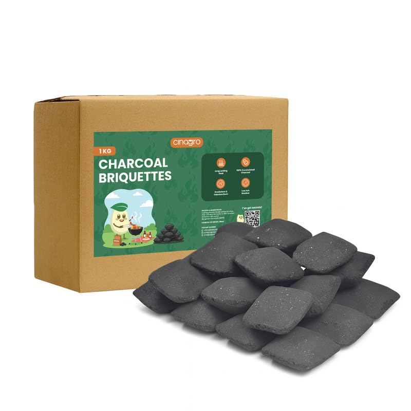 Cinagro Charcoal Briquettes, 1Kg Pack, All-Natural Coconut Shell, Long-Lasting Fire Starter Cubes, Smoky Heat for Barbecue, Grill, Smoker, Cooking, Even-Burning Pillow Shape, Low Smoke, No Sparks - Image 1