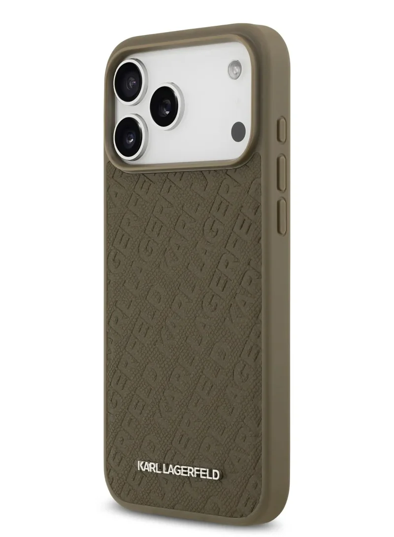 كارل لاغرفيلد جراب iPhone 17 Pro Max MagSafe المصنوع من جلد البولي يوريثان بالكامل مع حبيبات كارل / سهل التركيب / تصميم رفيع / خفيف الوزن / غطاء خلفي - بني