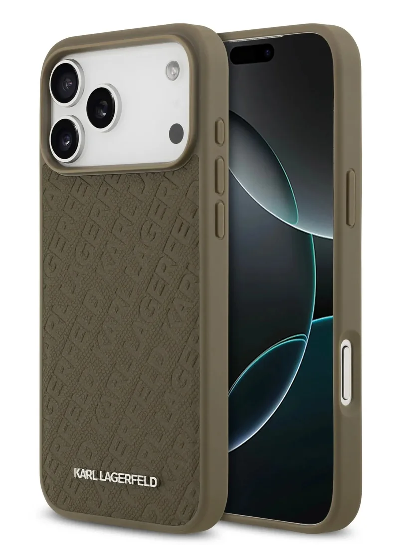 كارل لاغرفيلد جراب iPhone 17 Pro Max MagSafe المصنوع من جلد البولي يوريثان بالكامل مع حبيبات كارل / سهل التركيب / تصميم رفيع / خفيف الوزن / غطاء خلفي - بني
