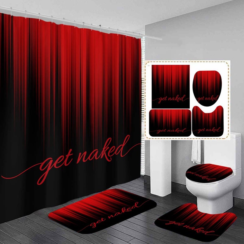 AAtter 4 Piece Red and Black Shower Curtain Set Get Naked Funny Adults Gothic Mens 60Wx72L Curtains Decor with Non-Slip Rugs, Toilet Lid Cover and Bath Mat Bathroom Accessorie Home Bathtub Set, Ombre - Image 1