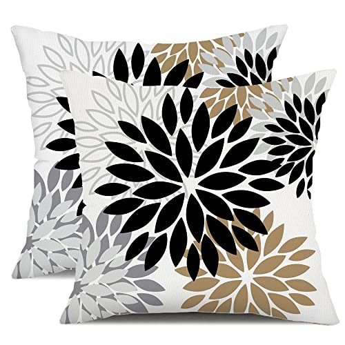 DFXSZ Black Brown Outdoor Pillow Covers 18x18 Inch Set of 2 White Gray Flower Throw Pillows Farmhouse Outdoor Modern Floral Polyester Square Cushion Case Decor for Patio Funiture Garden 002B18 - Image 1