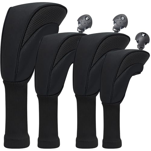 MEAHILESC Golf Club Head Covers for Fairway Woods Driver Hybrids 4 Pieces Long Neck Mesh Sports Fan Golf Club Headcovers Set with Interchangeable No Tags 3 4 5 6 7 X Golf Accessories for Men Women - Image 1