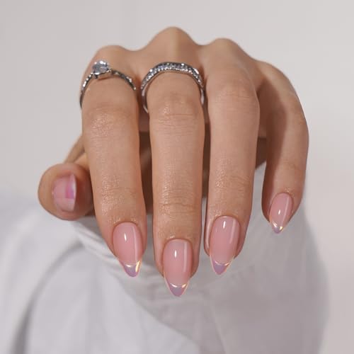 BTArtbox French Tip Press On Nails Almond  Press on Nails Short with Metallic Chrome Silver Finish Supremely Fit  Natural Glue On Nails in 16 Sizes Dazzling Pink