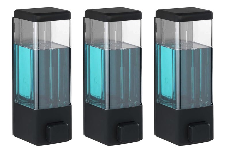 BATH GURU ABS Plastic Liquid Soap Dispenser Sanitizer Lotion Gel Shampoo Dish Wash Gel Dispenser for Bathroom Wash Basin Kitchen Sink 350Ml Pack of 3 Clear Black - Image 1