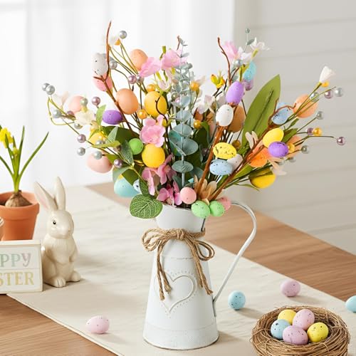 Bunny Chorus Easter Decorations: Rustic Easter Flowers Artificial Easter Eggs with Metal Pitcher Vase, Table Centerpieces Floral Arrangements, Farmhouse Spring Decorations for Home Kitchen Mantel Fireplace Decor - Image 3
