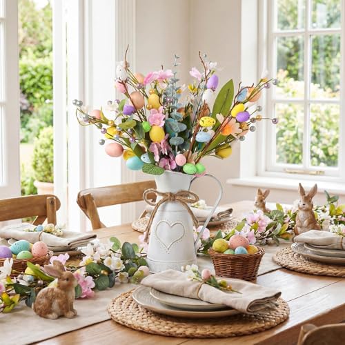 Bunny Chorus Easter Decorations: Rustic Easter Flowers Artificial Easter Eggs with Metal Pitcher Vase, Table Centerpieces Floral Arrangements, Farmhouse Spring Decorations for Home Kitchen Mantel Fireplace Decor - Image 4