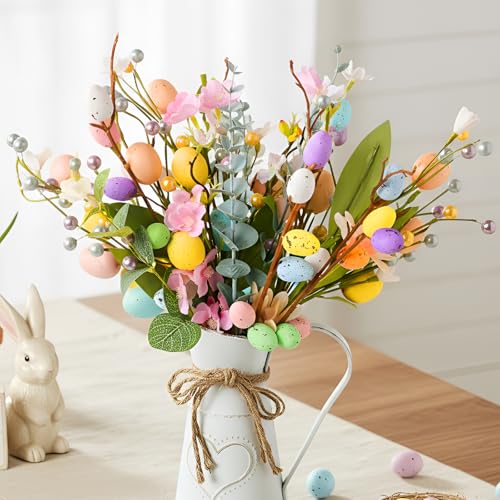 Bunny Chorus Easter Decorations: Rustic Easter Flowers Artificial Easter Eggs with Metal Pitcher Vase, Table Centerpieces Floral Arrangements, Farmhouse Spring Decorations for Home Kitchen Mantel Fireplace Decor - Image 1