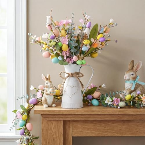Bunny Chorus Easter Decorations: Rustic Easter Flowers Artificial Easter Eggs with Metal Pitcher Vase, Table Centerpieces Floral Arrangements, Farmhouse Spring Decorations for Home Kitchen Mantel Fireplace Decor - Image 5