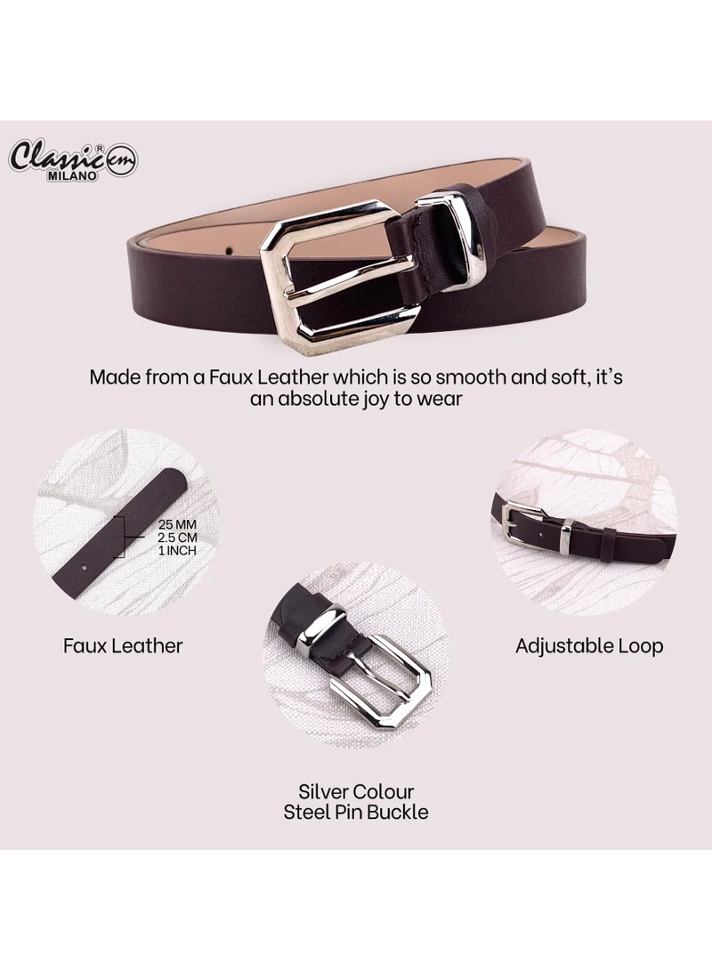 Classic Milano Brown (SGPU32) Classic Milano Women's Belt with Gift Box; Faux Leather Ladies Belt for Dresses, Jeans & Gowns; Stylish Womens Belt; Adjustable Girls Belt; Belt for Women | Full Length: 110 CM (Free Size - Fits up to the waist of 40 Inches / 100 CM) for Women | Best Price UAE