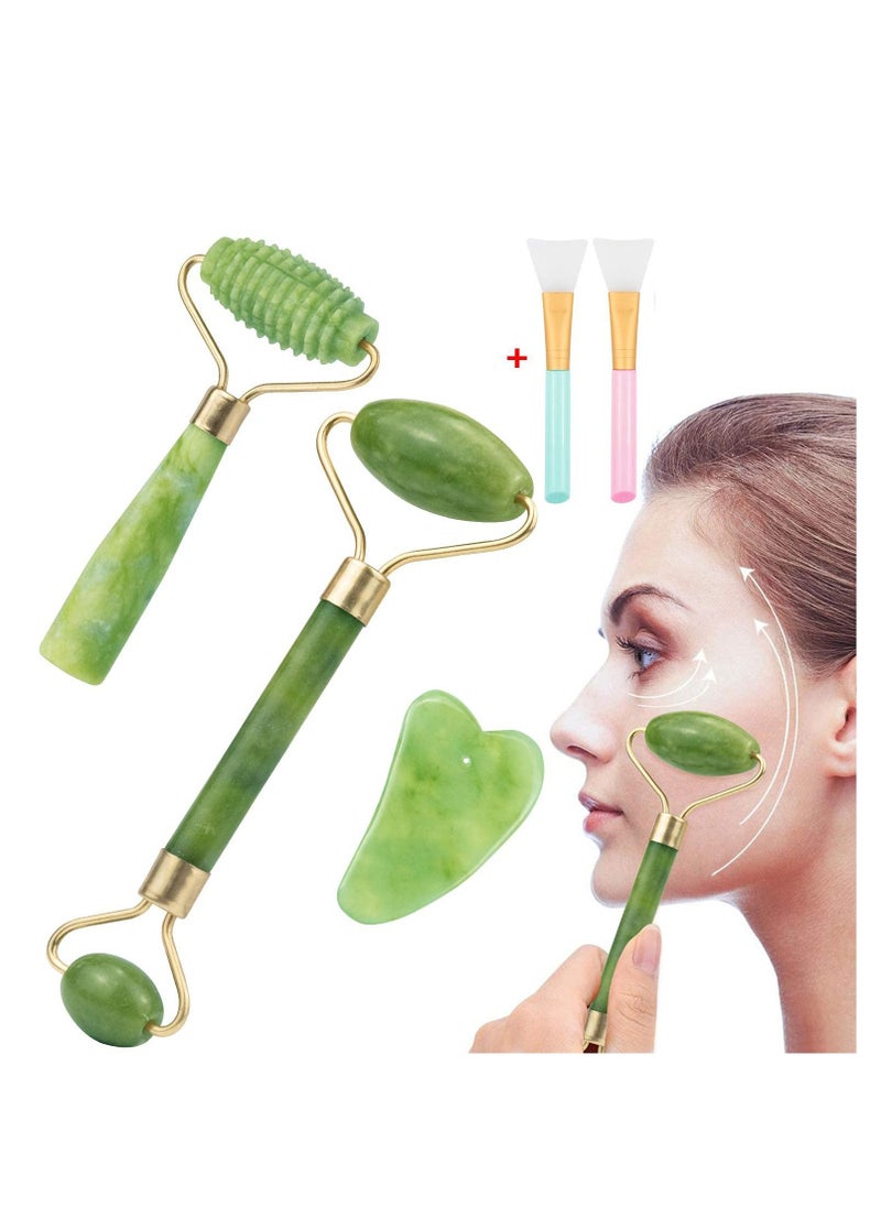 Excefore Jade Roller Eyes Facial Massage Kit Skin Roller, including 1Pc Double Head Jade Roller, 1Pc Single Head Jade Roller, 1Pc Gua Sha Tool, 2Pcs Face Mask Brush  - Image 1