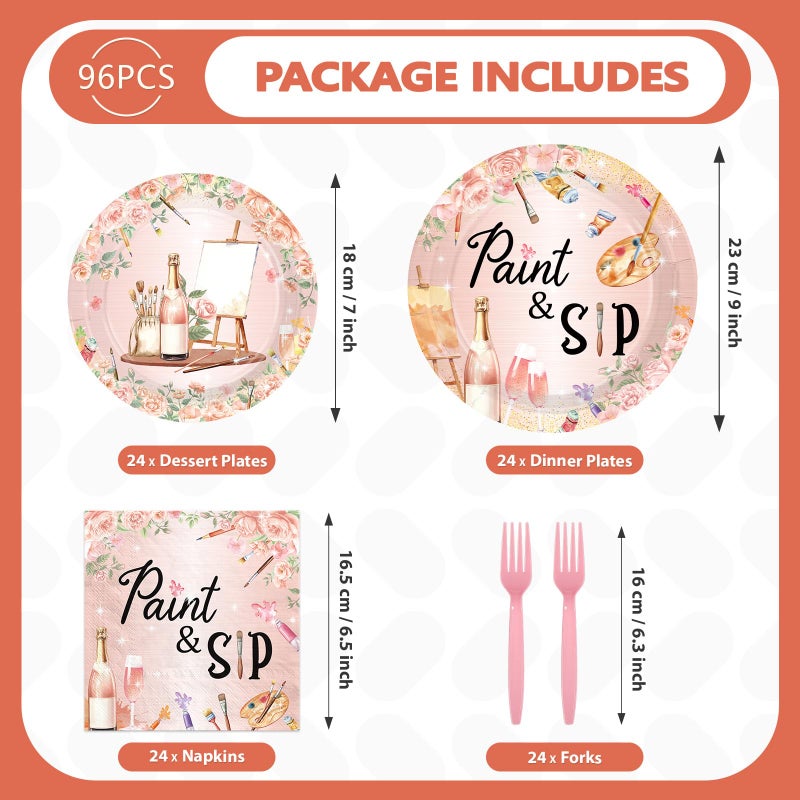 Greencian 96Pcs Paint and Sip Birthday Party Decorations Paint and Sip Plates and Napkins Tableware Sets Artist Wine Date Night Disposable Decorations for Birthday Engagement Painting Party Supplies Serves 24 - Image 5