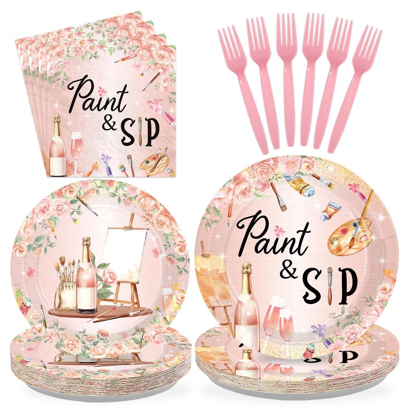 Greencian 96Pcs Paint and Sip Birthday Party Decorations Paint and Sip Plates and Napkins Tableware Sets Artist Wine Date Night Disposable Decorations for Birthday Engagement Painting Party Supplies Serves 24 - Image 1