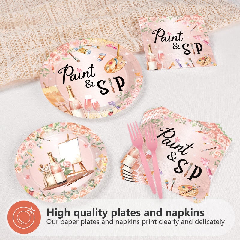 Greencian 96Pcs Paint and Sip Birthday Party Decorations Paint and Sip Plates and Napkins Tableware Sets Artist Wine Date Night Disposable Decorations for Birthday Engagement Painting Party Supplies Serves 24 - Image 3