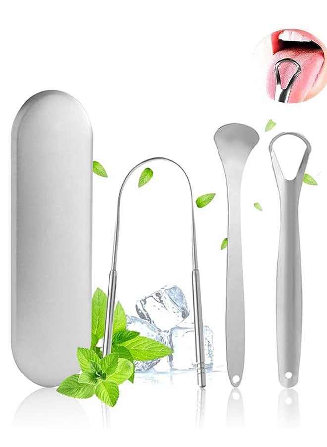 3 Pcs Stainless Steel Tongue Cleaning Scraper with Metal Storage Box, Portable Reusable Tongue Scraper Tongue Cleaner for Oral Cleaning, Improve Bad Breath and Fresh Breath - Image 1