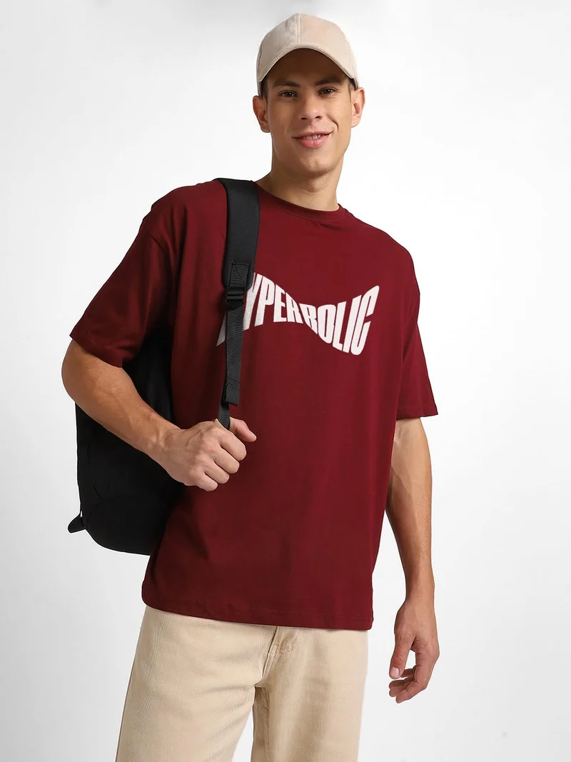 نوبيرو Men's Oversized Cotton T-Shirt in Burgundy