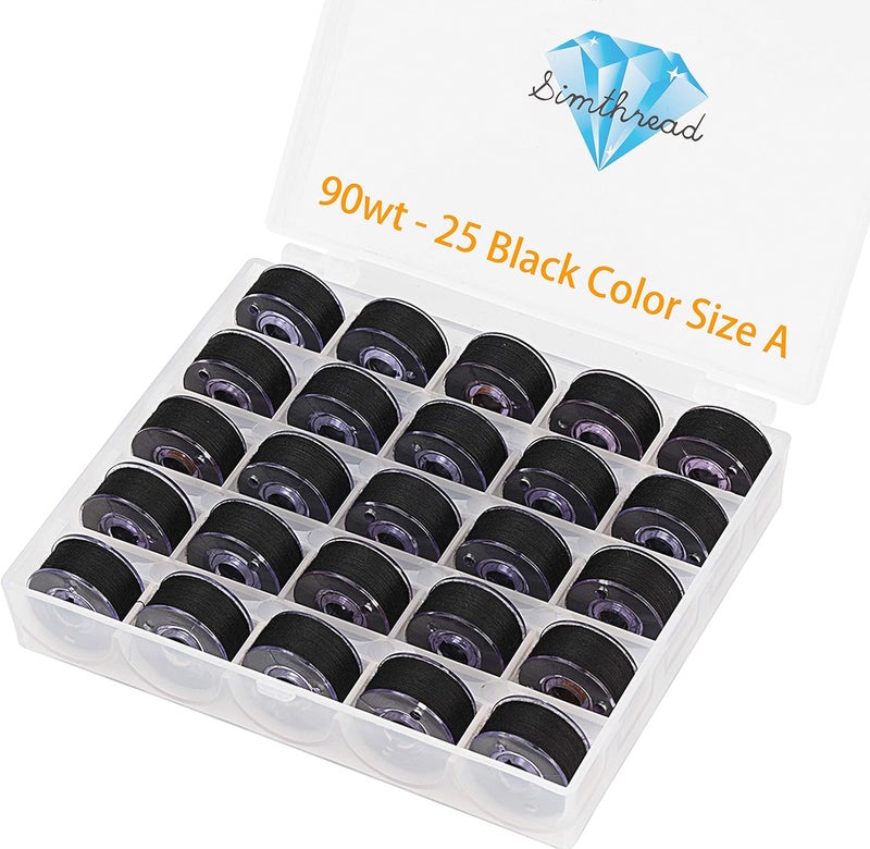simthread 25pcs 90 Weight Black Prewound Bobbin Thread Size A Class 15 (SA156) with Clear Storage Plastic Case Box 60S/2 for Brother Embroidery Thread Sewing Thread Machine DIY - Image 1