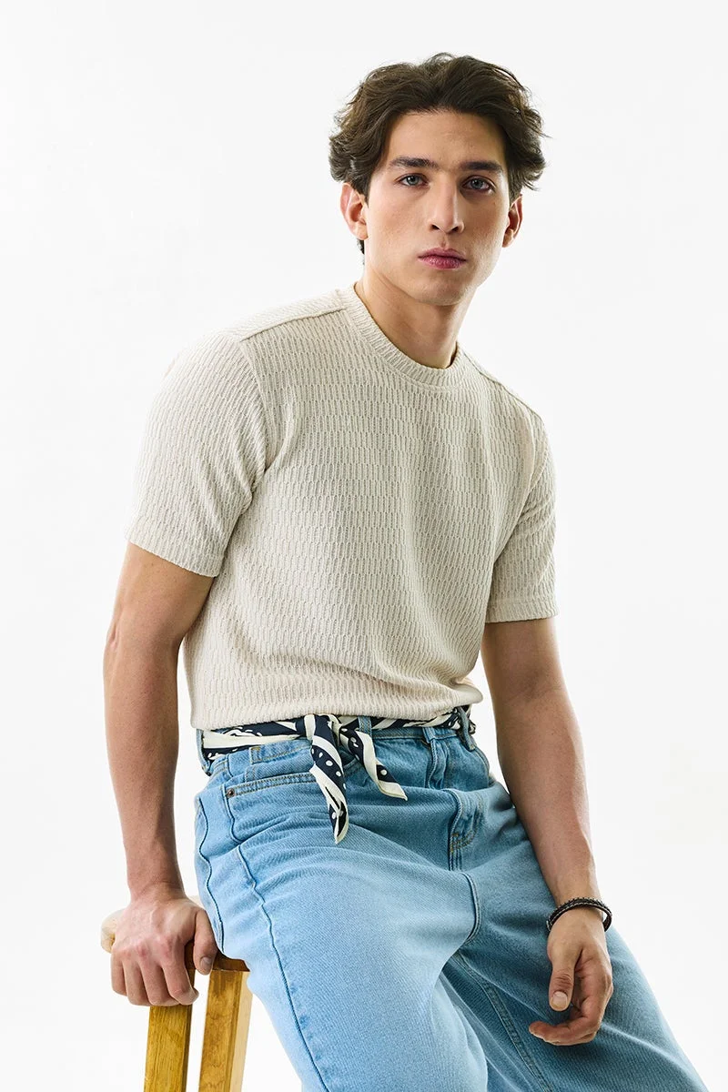 SNITCH Beige Textured Short Sleeve Slim Fit T-Shirt