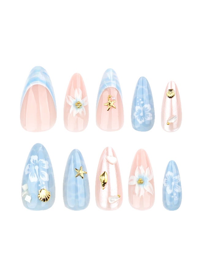 منتج جديد! صحافة اللوز القصيرة على الأظافر -ثلاثي الأبعاد ستريو تصميم موجة الماء مع الشاطئ الأزرق، قشرة ونجم البحر ديكور، قابلة لإعادة الاستخدام الأظافر الاصطناعية ل عطلة الصيف ارتداء اليومية نيل الفن - Image 3