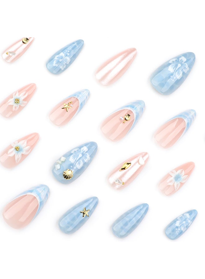 منتج جديد! صحافة اللوز القصيرة على الأظافر -ثلاثي الأبعاد ستريو تصميم موجة الماء مع الشاطئ الأزرق، قشرة ونجم البحر ديكور، قابلة لإعادة الاستخدام الأظافر الاصطناعية ل عطلة الصيف ارتداء اليومية نيل الفن - Image 2