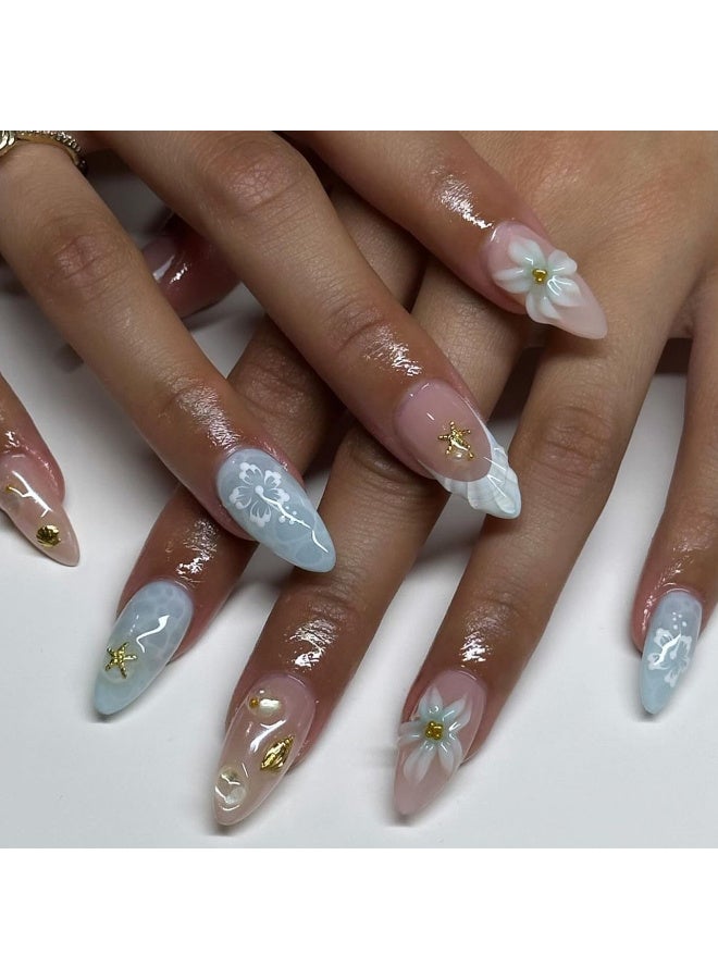 منتج جديد! صحافة اللوز القصيرة على الأظافر -ثلاثي الأبعاد ستريو تصميم موجة الماء مع الشاطئ الأزرق، قشرة ونجم البحر ديكور، قابلة لإعادة الاستخدام الأظافر الاصطناعية ل عطلة الصيف ارتداء اليومية نيل الفن - Image 1