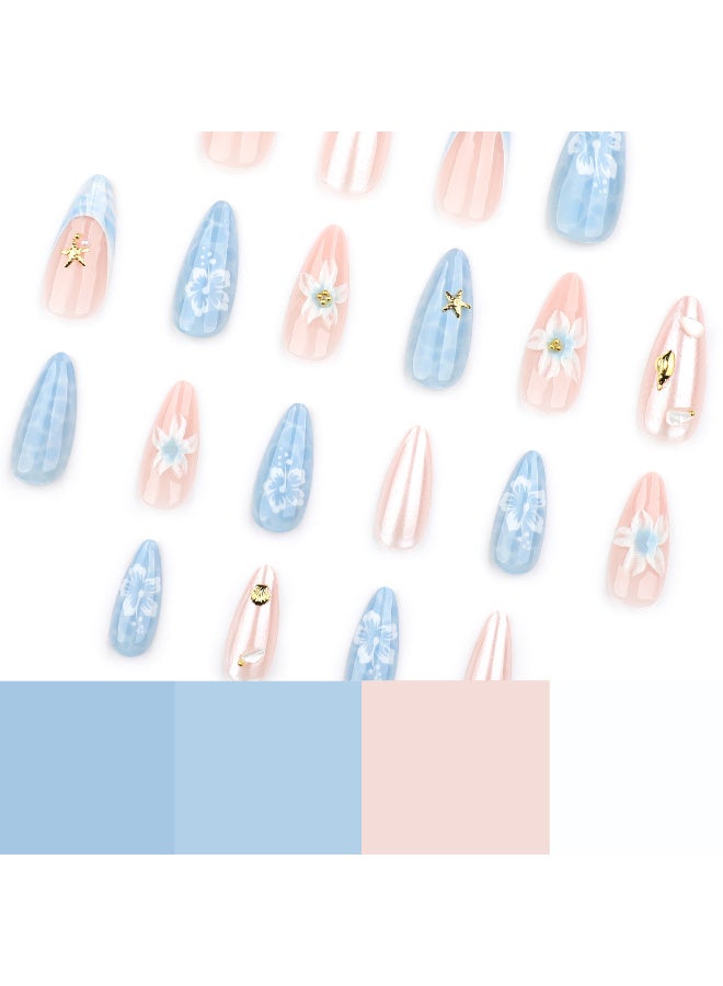 منتج جديد! صحافة اللوز القصيرة على الأظافر -ثلاثي الأبعاد ستريو تصميم موجة الماء مع الشاطئ الأزرق، قشرة ونجم البحر ديكور، قابلة لإعادة الاستخدام الأظافر الاصطناعية ل عطلة الصيف ارتداء اليومية نيل الفن - Image 4