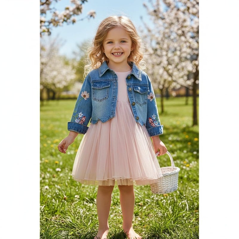 Yao Spring Autumn Little Girls Clothing Set Child Kids Denim Jacket and Long Sleeve Dress 2 Pieces Set (5T, Pink) - Image 2