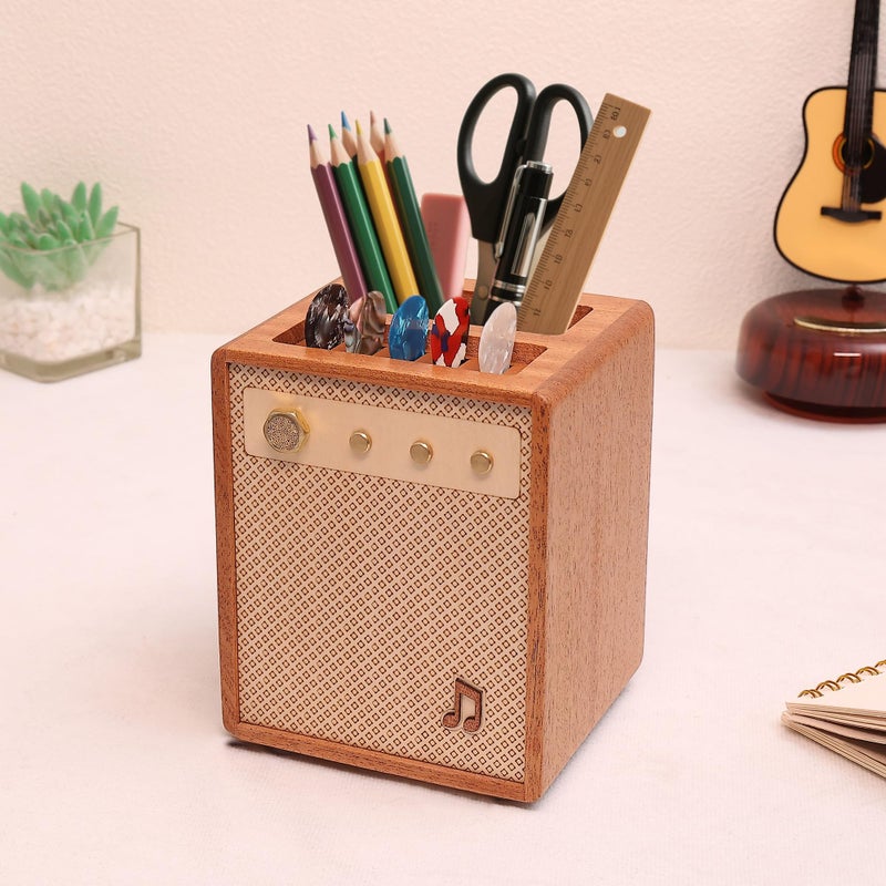 CoolGift Mart Guitar Accessories, Sapele Wood Amp Styled Guitar Pick Holder with Pen Storage, Desk Organizer Gift for Guitarists for Picks and Pens Storage - Image 1