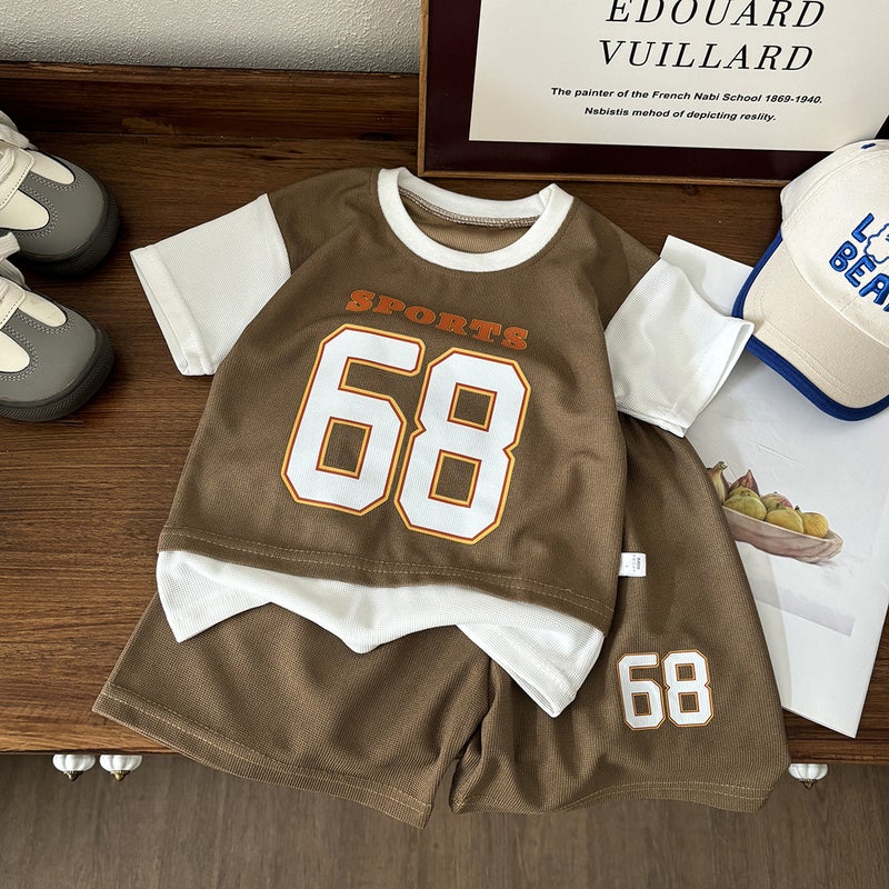 Summer Boys Casual Short Sleeve Shorts Set Outdoor Sports Loose Jersey Layered Look