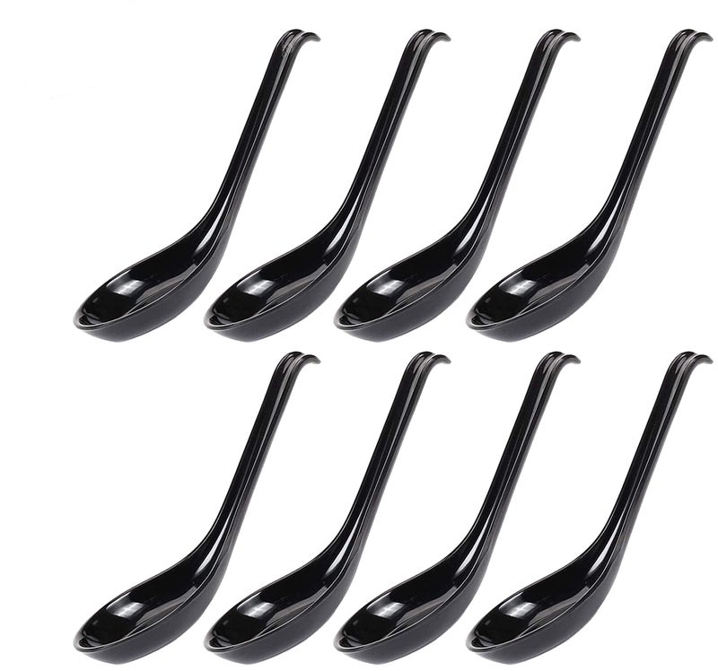 Comicfs Asian Soup Spoons 8 pieces 8HSPB Large Japanese Soup Spoons Soba Rice Pho Ramen Noodle Soup Spoon Chinese Won Ton Soup Spoon Hook Style 8 Spoon Black