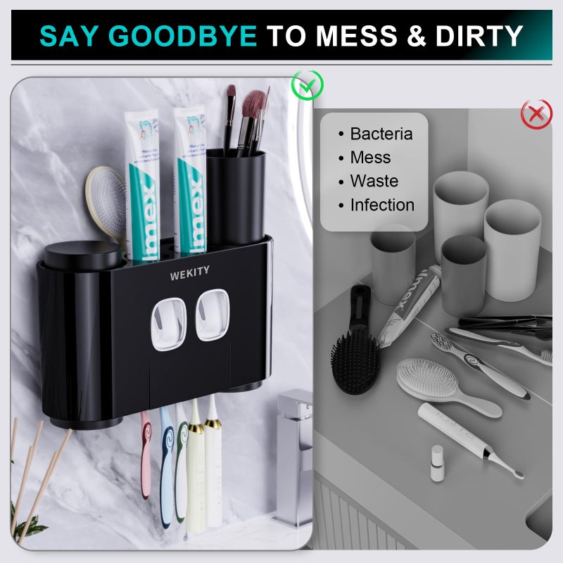 Wekity Toothbrush Holder,Multi-Functional Wall Mounted Toothbrush Holder,Toothpaste Dispenser for Bathroom with 2 Toothpaste Squeezers,5 Toothbrush Slots and 4 Cups(Black) - Image 4