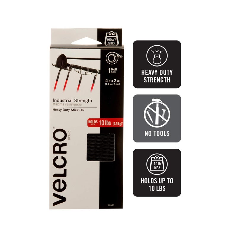 VELCRO Brand علامة فيلكرو - قوة صناعية | للاستخدام الداخلي والخارجي | قوة تثبيت فائقة على الأسطح الناعمة | الحجم 4 قدم × 2 بوصة | شريط، أسود - عبوة من 1، (النموذج: 90593) - Image 2