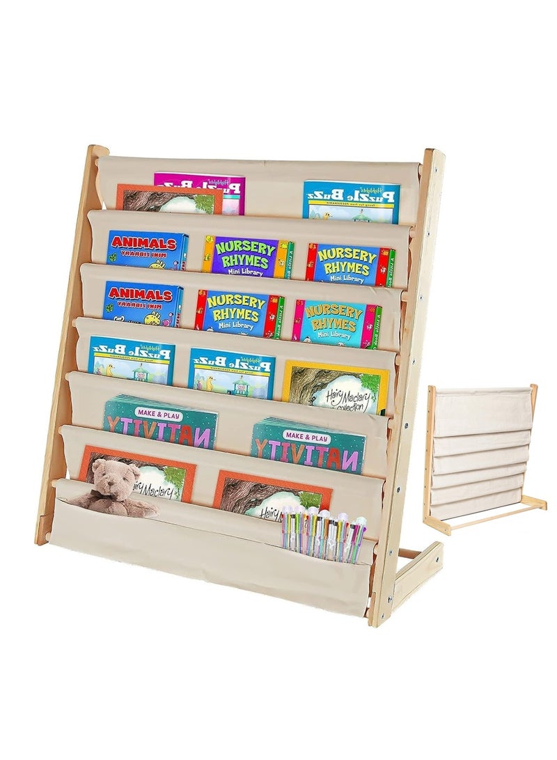 بيوينتي ‌خزانة كتب أطفال "بيونتي" 6 رفوف، رف كتب خشبي، عرض رف تخزين كتب من القماش المتين، مع تخزين بأدراج عميقة، رف تخزين كتب الأطفال، منظِّم مكتبة الرضّع، رف المجلات، تخزين الألعاب (80×75×30 سم) - Image 1
