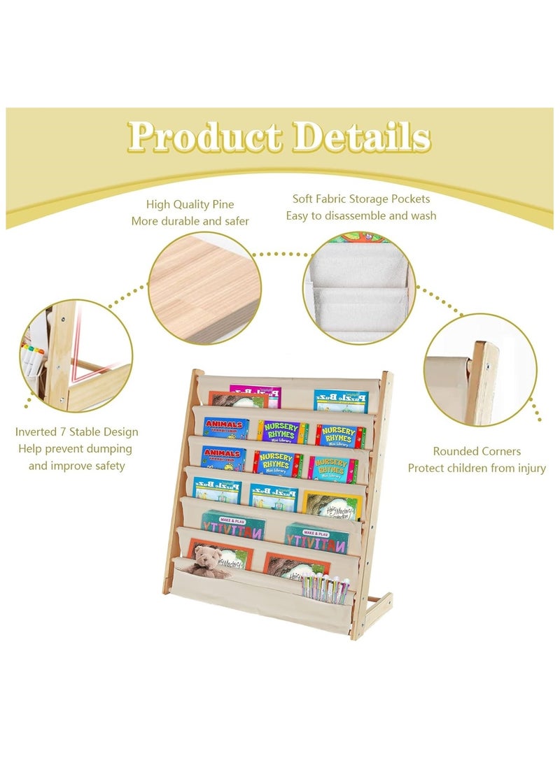 بيوينتي ‌خزانة كتب أطفال "بيونتي" 6 رفوف، رف كتب خشبي، عرض رف تخزين كتب من القماش المتين، مع تخزين بأدراج عميقة، رف تخزين كتب الأطفال، منظِّم مكتبة الرضّع، رف المجلات، تخزين الألعاب (80×75×30 سم) - Image 3