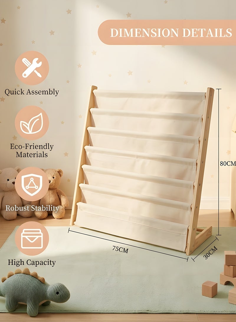 Beauenty 6-Tier Kids Bookshelf,Wood Bookrack,Canvas Book Storage Shelf Display,With Deep Sleeve Storage,Kids Book Rack Storage,Baby Bookcase Organizer,Magazine Rack,Toy Storage(80*75*30CM) - Image 2