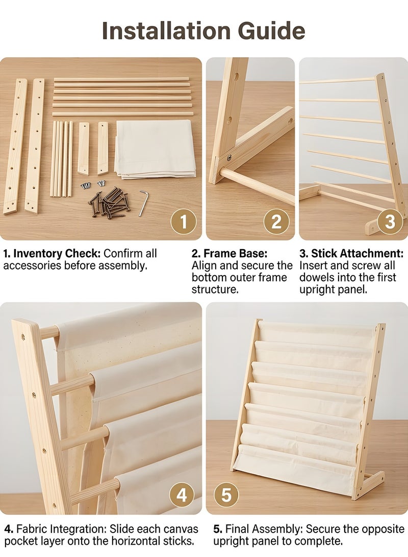 Beauenty 6-Tier Kids Bookshelf,Wood Bookrack,Canvas Book Storage Shelf Display,With Deep Sleeve Storage,Kids Book Rack Storage,Baby Bookcase Organizer,Magazine Rack,Toy Storage(80*75*30CM) - Image 4