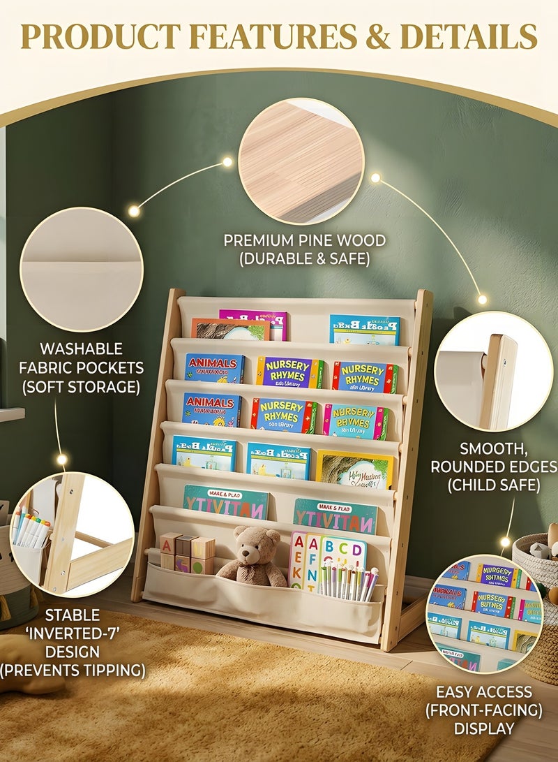 Beauenty 6-Tier Kids Bookshelf,Wood Bookrack,Canvas Book Storage Shelf Display,With Deep Sleeve Storage,Kids Book Rack Storage,Baby Bookcase Organizer,Magazine Rack,Toy Storage(80*75*30CM) - Image 3