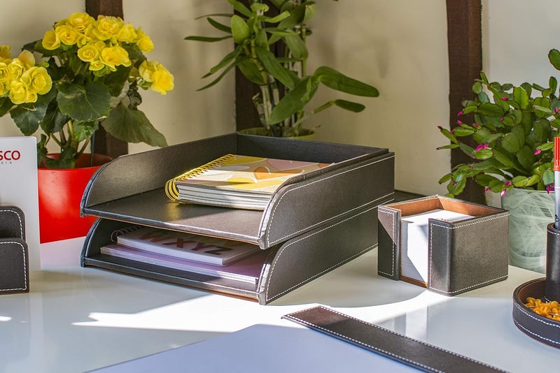 OSCO Brown Faux Leather Letter Tray | A4 | Easily Stackable | Desk File Organiser | Paper Storage | Office Document Sorter | Paperwork Filing | No Risers Required | H6.3 x W24.5 x D 33.0 cm | Occasional & permanent usable - Image 5