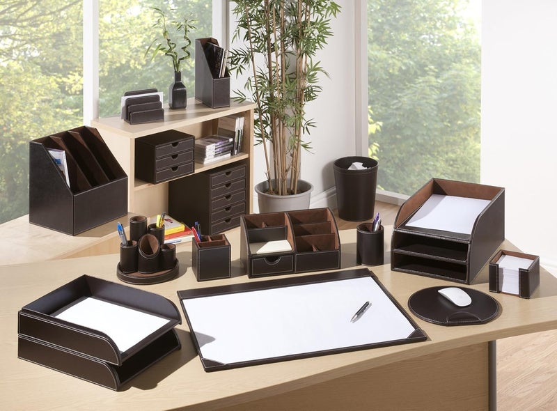 OSCO Brown Faux Leather Letter Tray | A4 | Easily Stackable | Desk File Organiser | Paper Storage | Office Document Sorter | Paperwork Filing | No Risers Required | H6.3 x W24.5 x D 33.0 cm | Occasional & permanent usable - Image 2