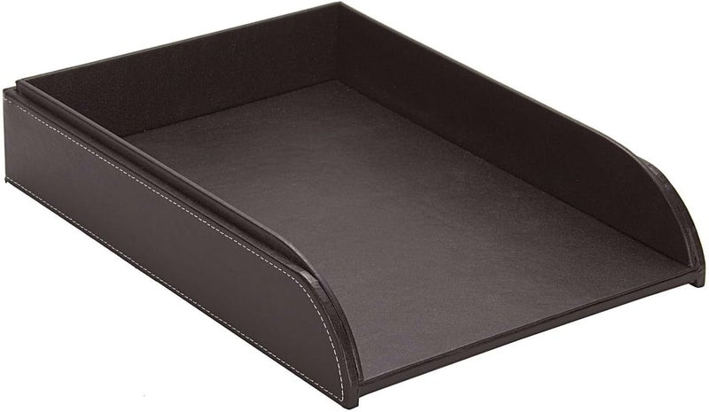 OSCO Brown Faux Leather Letter Tray | A4 | Easily Stackable | Desk File Organiser | Paper Storage | Office Document Sorter | Paperwork Filing | No Risers Required | H6.3 x W24.5 x D 33.0 cm | Occasional & permanent usable - Image 1