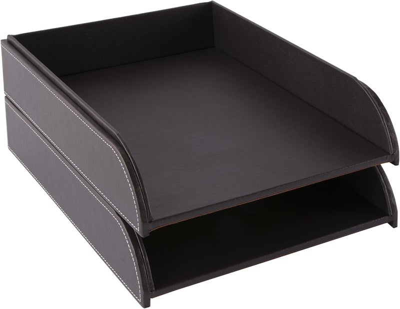 OSCO Brown Faux Leather Letter Tray | A4 | Easily Stackable | Desk File Organiser | Paper Storage | Office Document Sorter | Paperwork Filing | No Risers Required | H6.3 x W24.5 x D 33.0 cm | Occasional & permanent usable - Image 4