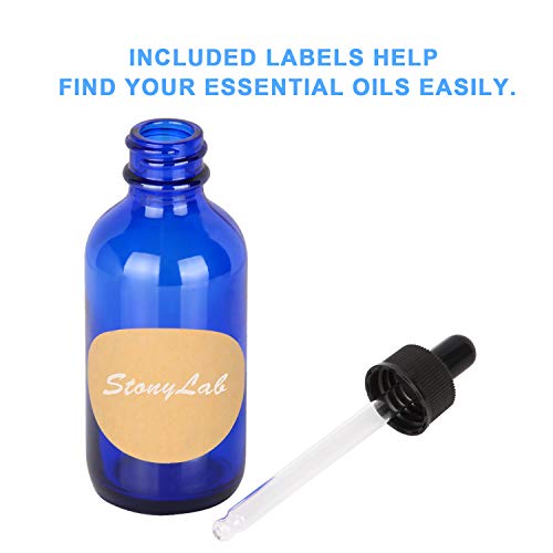 stonylab Cobalt Glass Dropper Bottle 60ml (2 oz) 4 Pack, Blue Empty Glass Bottle with Glass Dropper and Label for Laboratory Solutions and Chemical Liquids - Image 4