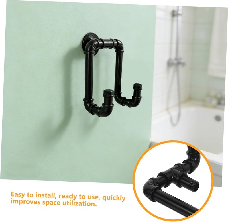 VOSAREA Vintage Industrial Pipe Wall Mount Hooks, Heavy Duty Black Cast Iron Metal Utility Hooks for Coats Hats Backpacks, Rustic Bathroom Bedroom Kitchen Hanging Rack - Image 3