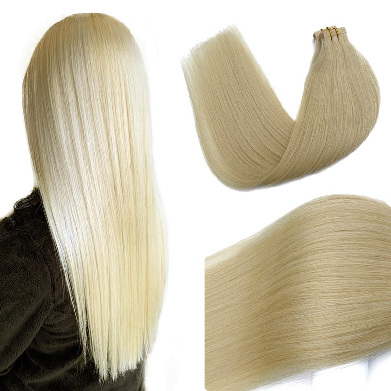 20 inch Tape in Hair Extensions 60 Platinum Blonde Human Remy Hair 20 pcs50gram Seamless Skin Weft Silky Straight Tape in Real Hair Glue in Extensions