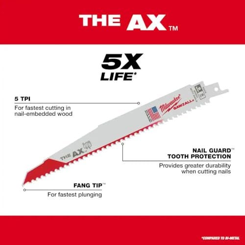 Milwaukee 48-00-5026 The Ax 9-Inch 5 TPI Reciprocating Saw Blades, 5-Pack - Image 4