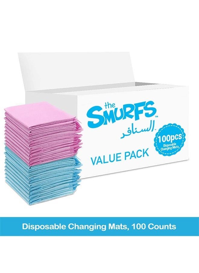 THE SMURFS - Disposable Changing Mats 100 Counts Soft Waterproof Mat Portable Leak Proof Changing Mat New Mom Leak Proof Under pad Mattress Table Protector Pad - Image 1