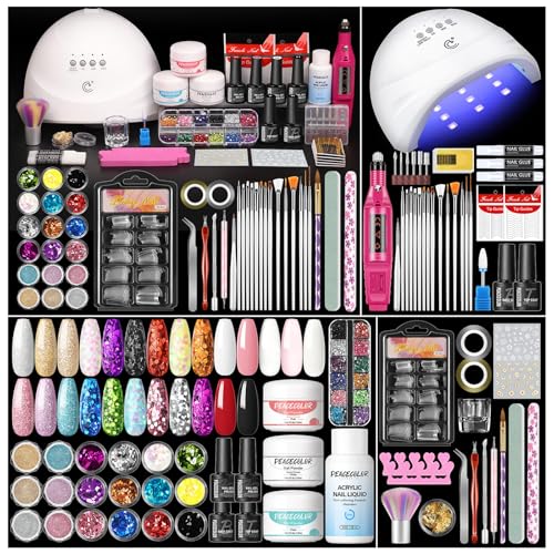 Peacecolor Acrylic Nail Kit for Beginners with Everything Professional Nail Kit Acrylic Set with Drill U V Light 21Pc Glitter Powder Gel Polish Decorations Gel Nail Gift Set for Home Salon - Image 1